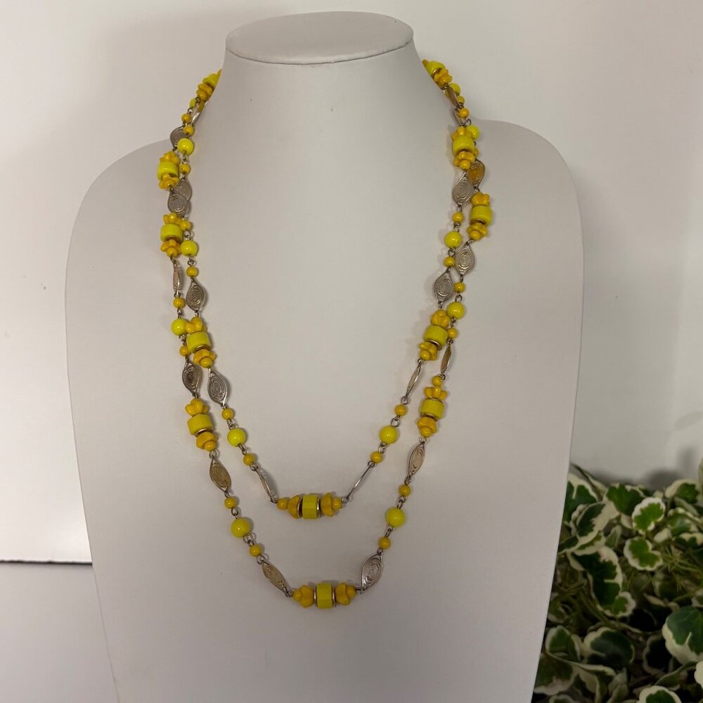 Vintage Yellow Beaded Necklace Intricate Gold Tone Accents 52 inch Long Jewelry